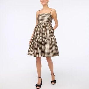 J. Crew NWT Black and Gold metallic gingham Dress w Pockets 00 Spaghetti Straps